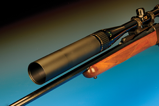 A close up of the Ruger shows the long extension of the sunshade on the scope. More can be added if desired when the sun gets down to a low angle.